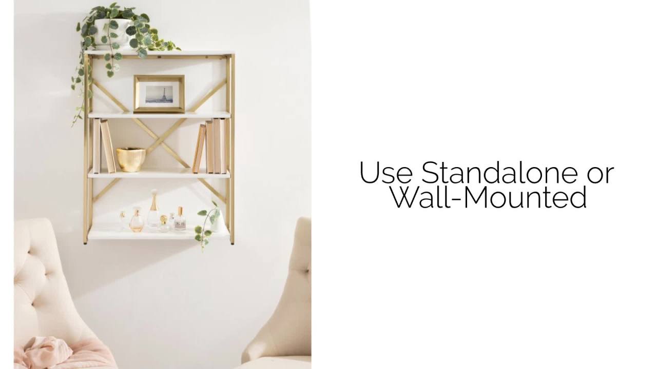 thumbnail video image 2 of Kate and Laurel Ascott Modern Rectangle Metal and Wood Wall Shelf, 24 x 32, Natural Wood and Black, Farmhouse Versatile 4-Tier Bookshelf for Use as Wall or Floor Shelf, 2 of 9