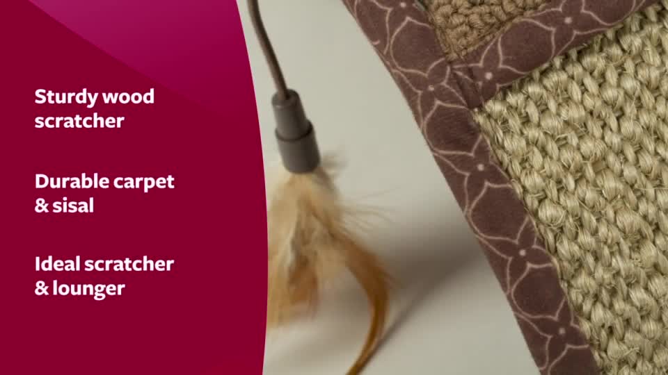 thumbnail video image 2 of SmartyKat Scratch Scroll Sisal & Carpet Curled Cat Scratcher for Indoor Cats & Kittens, Features Feather Toy for Play, Looped Carpet Material, Gray, 2 of 5