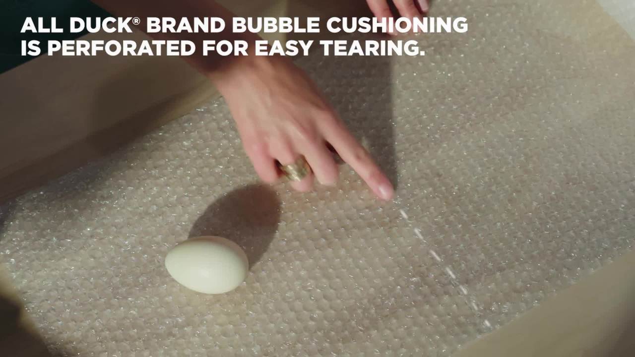 thumbnail video image 2 of Duck Max Strength Large Bubble Cushioning Wrap Roll, 12 in x 50 ft, Clear, (287222), 2 of 12