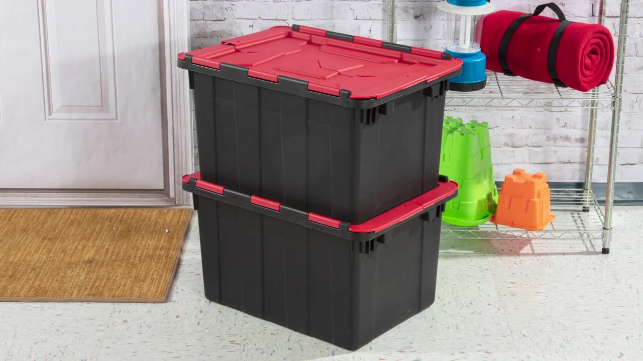 thumbnail video image 2 of Sterilite 12 Gallon Hinged Lid Industrial Tote- Black, Case of 6, 2 of 4