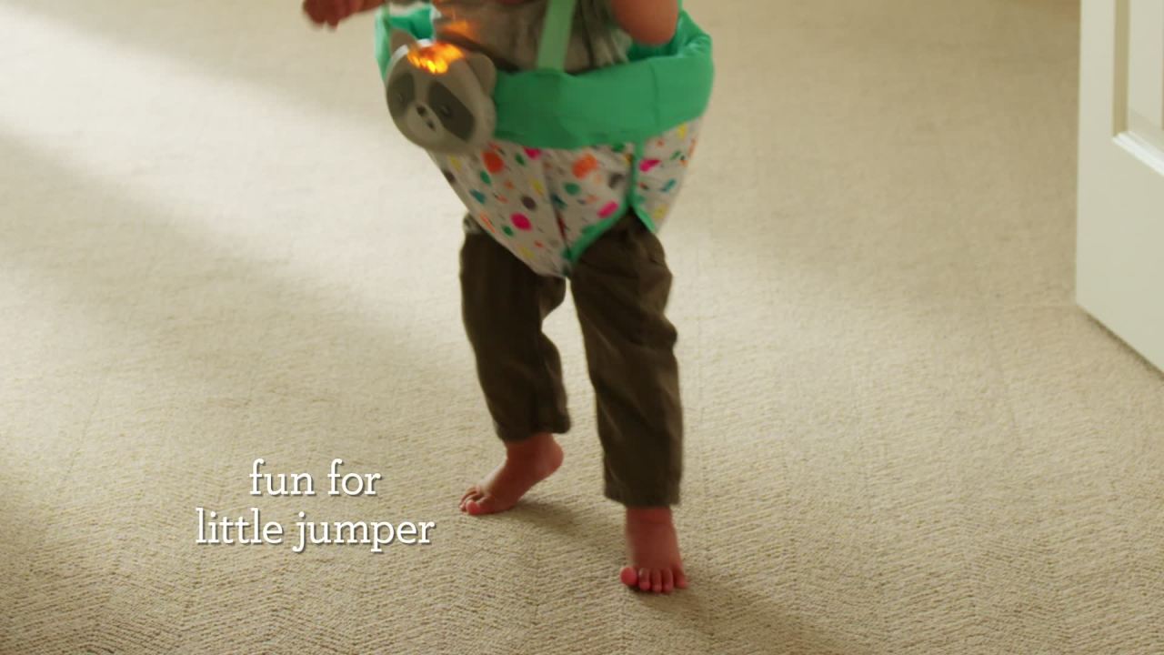 thumbnail video image 2 of Infantino 2-in-1 Music & Lights Doorway Jumper, Raccoon Motion-Activated Toy, Unisex 4M+, Multicolor, 2 of 10