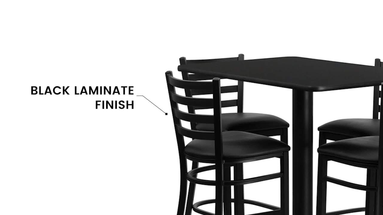 thumbnail video image 2 of Flash Furniture 24''W x 42''L Rectangular Mahogany Laminate Table Set with 4 Ladder Back Metal Barstools - Black Vinyl Seat, 2 of 4