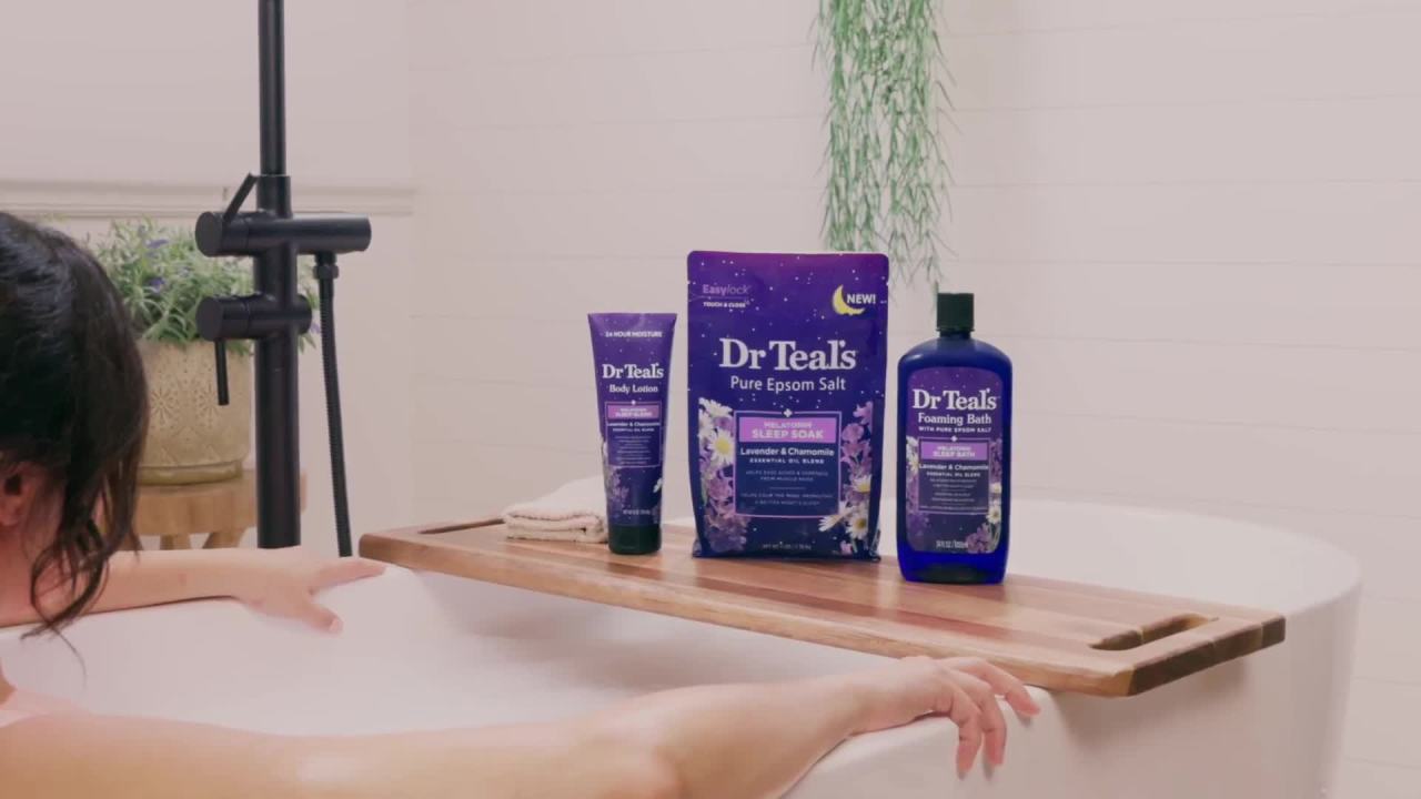 thumbnail video image 3 of Dr Teal's Epsom Salt Magnesium Soak, Sleep Blend with Melatonin, Lavender & Chamomile, 3 lbs, 3 of 12