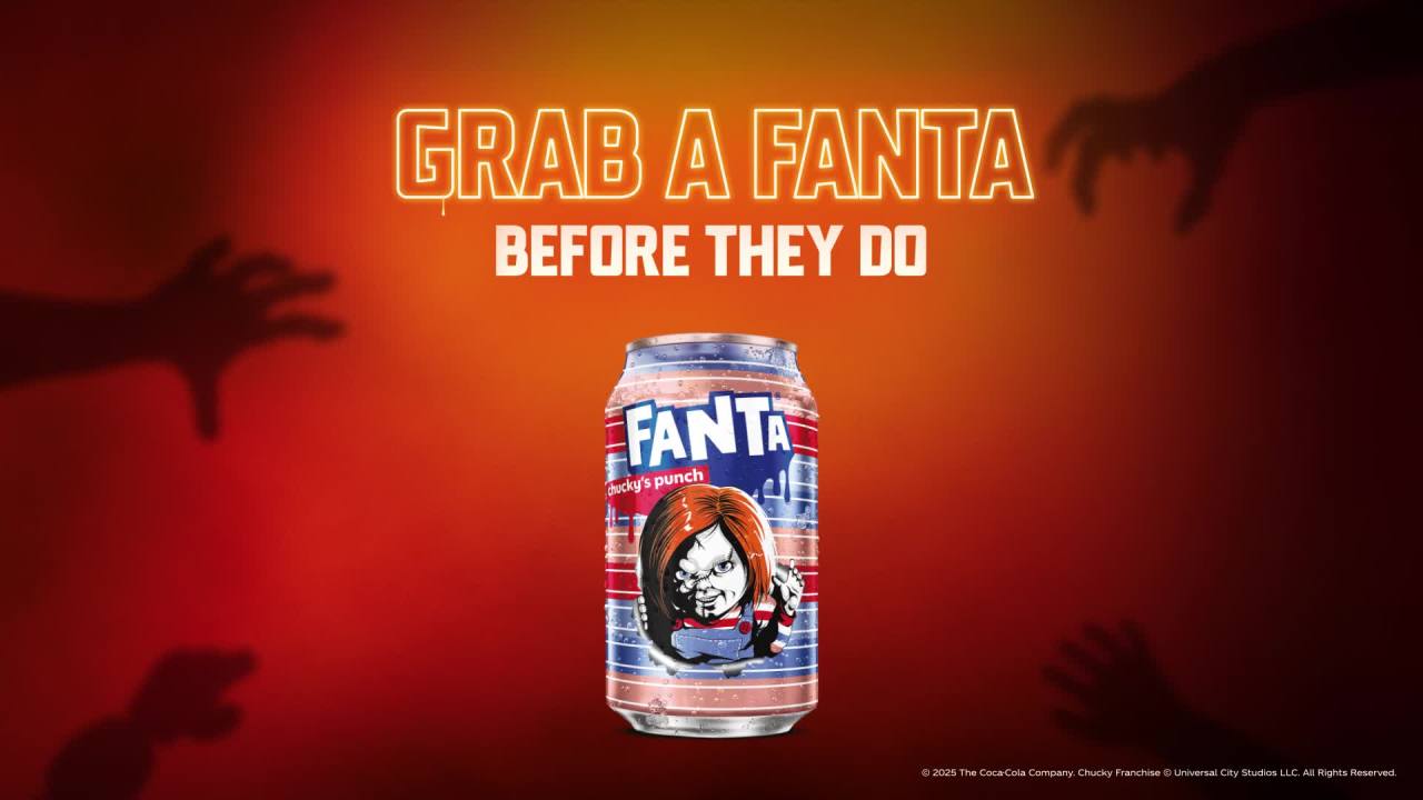 thumbnail video image 2 of Fanta Fruit Punch Caffeine Free Soda Soft Drink, Chucky's Punch Halloween Edition, 12 fl. oz. cans, 12 pack, 2 of 16