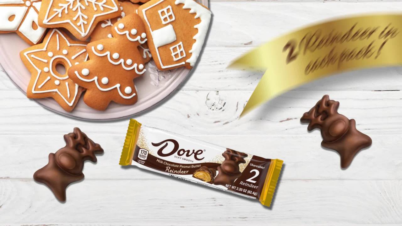 thumbnail video image 2 of Dove Milk Chocolate Peanut Butter Reindeer Christmas Candy Bars - 2 Ct/ 2.2 oz, 2 of 10
