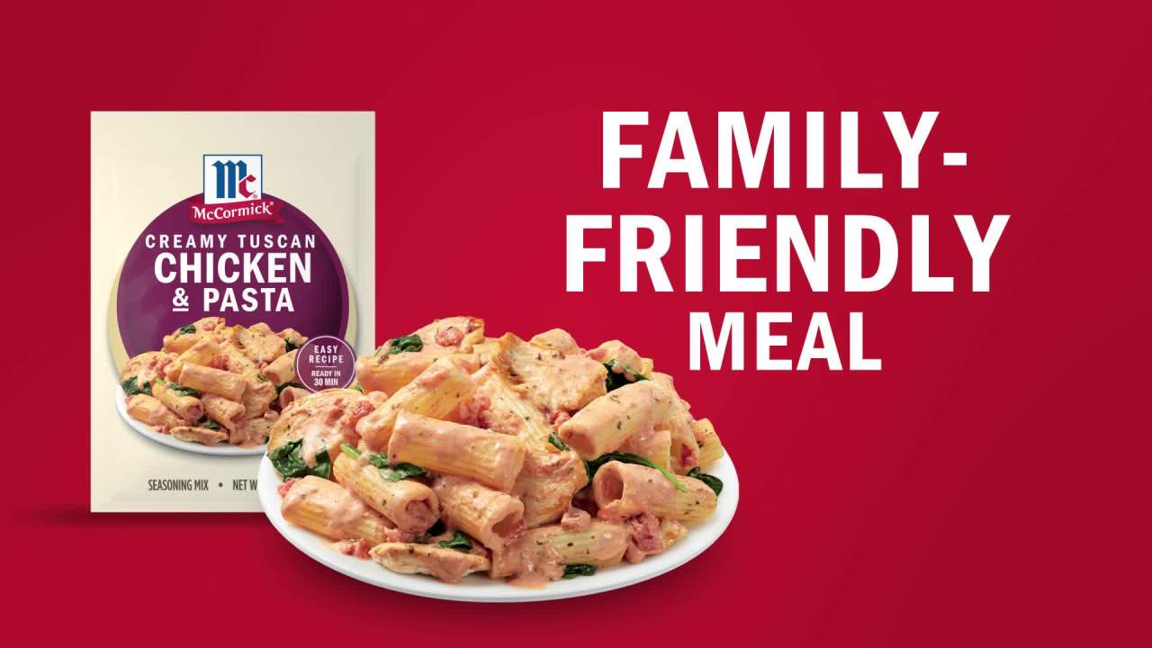 thumbnail video image 2 of (2 pack) McCormick Creamy Tuscan Chicken & Pasta Seasoning Mix, 0.87 oz Packet, 2 of 22