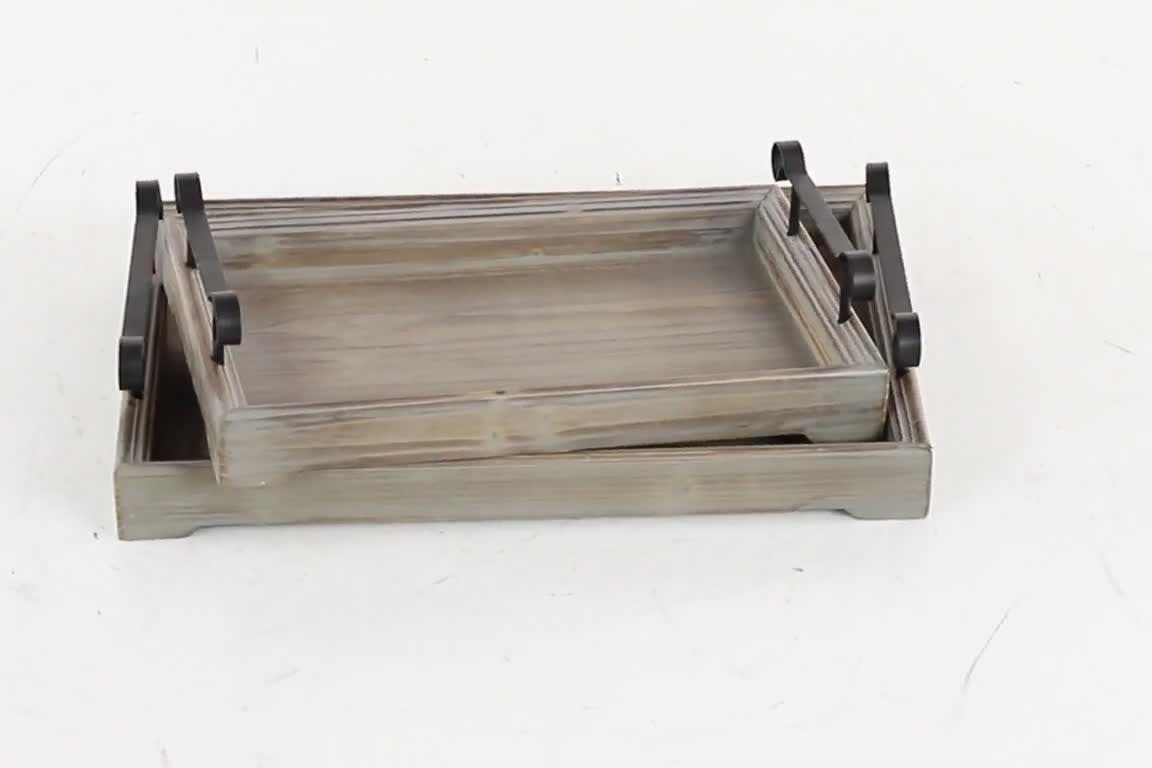 thumbnail video image 2 of DecMode 20", 17"W Beige Wood  Tray with Metal Handles, 2-Pieces, 2 of 10