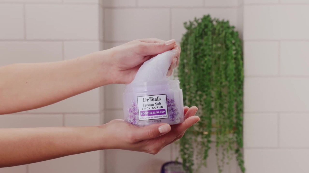 thumbnail video image 2 of Dr Teal's Exfoliate & Renew Lavender Epsom Salt Body Scrub, 16 oz, 2 of 12