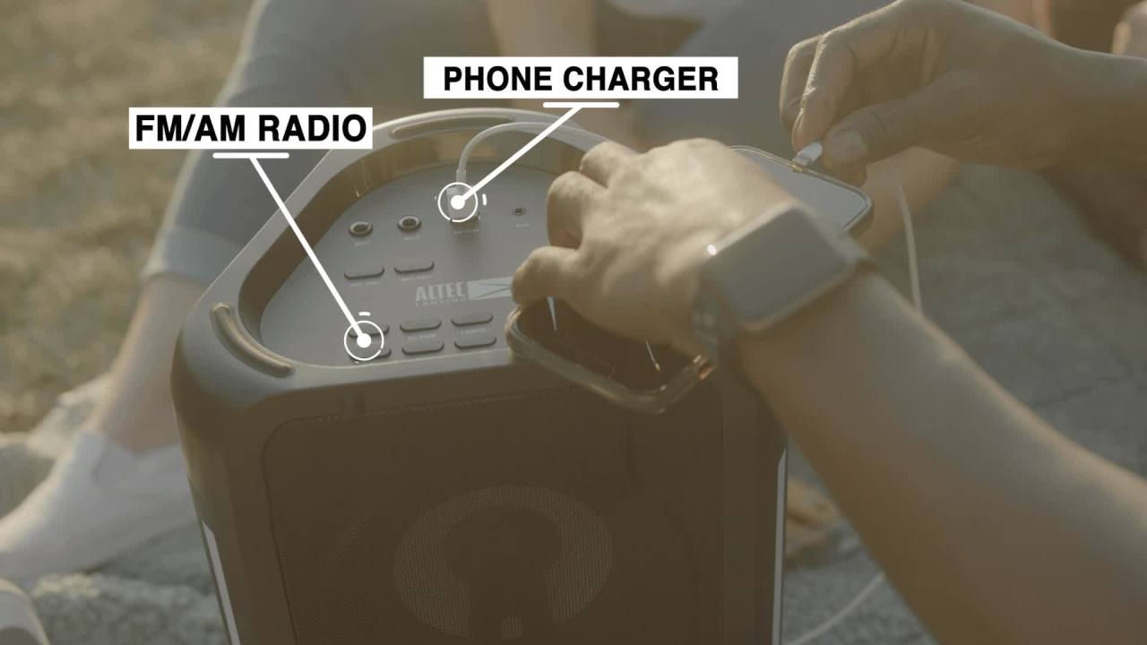 thumbnail video image 2 of Altec Lansing Shockwave 100 Wireless Party Speaker with Rechargeable Battery, Portable Sound System with Microphone, 7 LED Light Modes and Built in USB Smartphone Charger, 2 of 12