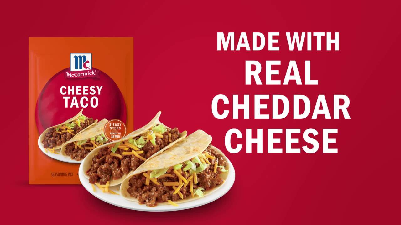 thumbnail video image 2 of McCormick Cheesy Taco Seasoning Mix, 1.12 oz Packet, 2 of 22