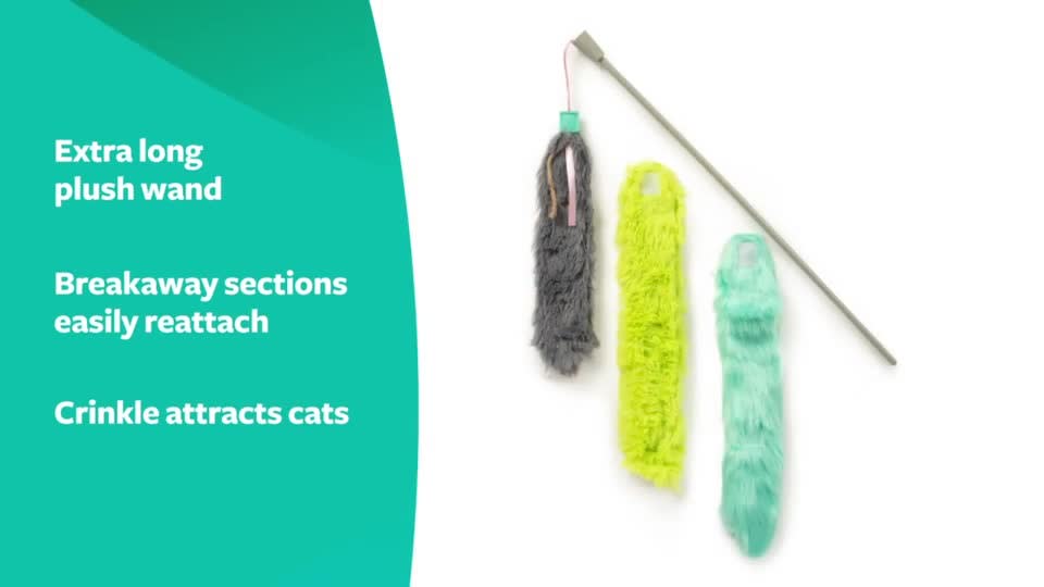 thumbnail video image 2 of SmartyKat Crazy Catch Extra Long Breakaway Plush Wand Cat Toy with Ribbons & Jute, Gray/Blue, 2 of 10
