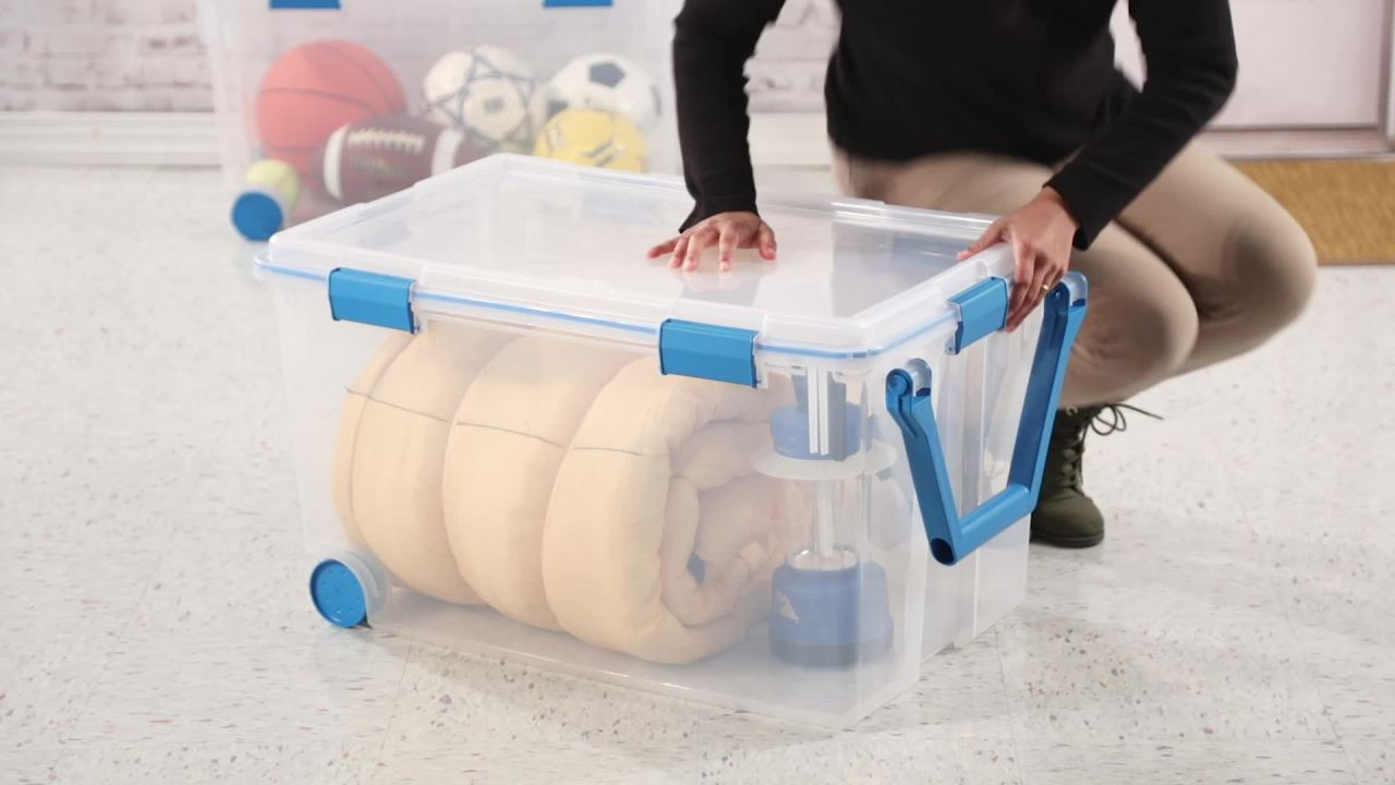 thumbnail video image 2 of Sterilite Extra Large Storage Bin, 120 Quart Clear Plastic Storage Container with Gasket Lid, Blue, 2 of 7