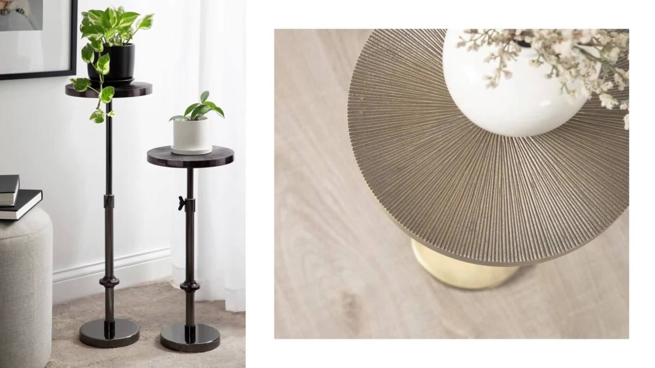 thumbnail video image 2 of Kate and Laurel Engles Modern Adjustable-Height Pedestal Drink Table, 10 x 10 x 30, Walnut Brown and Brass, Mid-Century Round Indoor Metal Plant Stand with Solid Wood Tabletop, 2 of 12