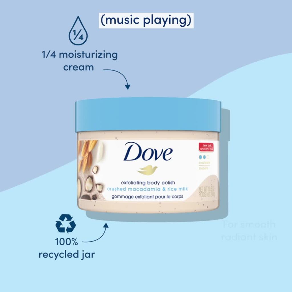 thumbnail video image 2 of Dove Exfoliating Body Polish Macadamia and Rice Milk Body Scrub, 10.5 oz, 2 of 11