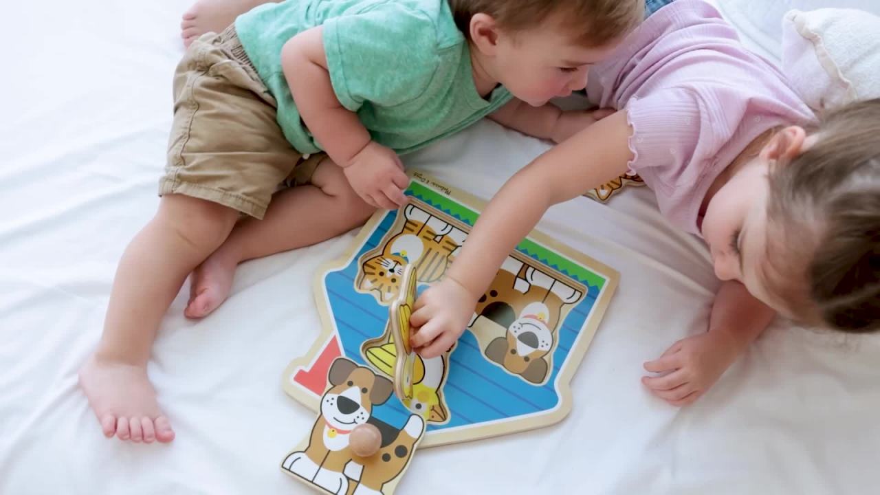 thumbnail video image 2 of Melissa & Doug Animals Jumbo Knob Wooden Puzzles Set - Fish and Pets, 2 of 10