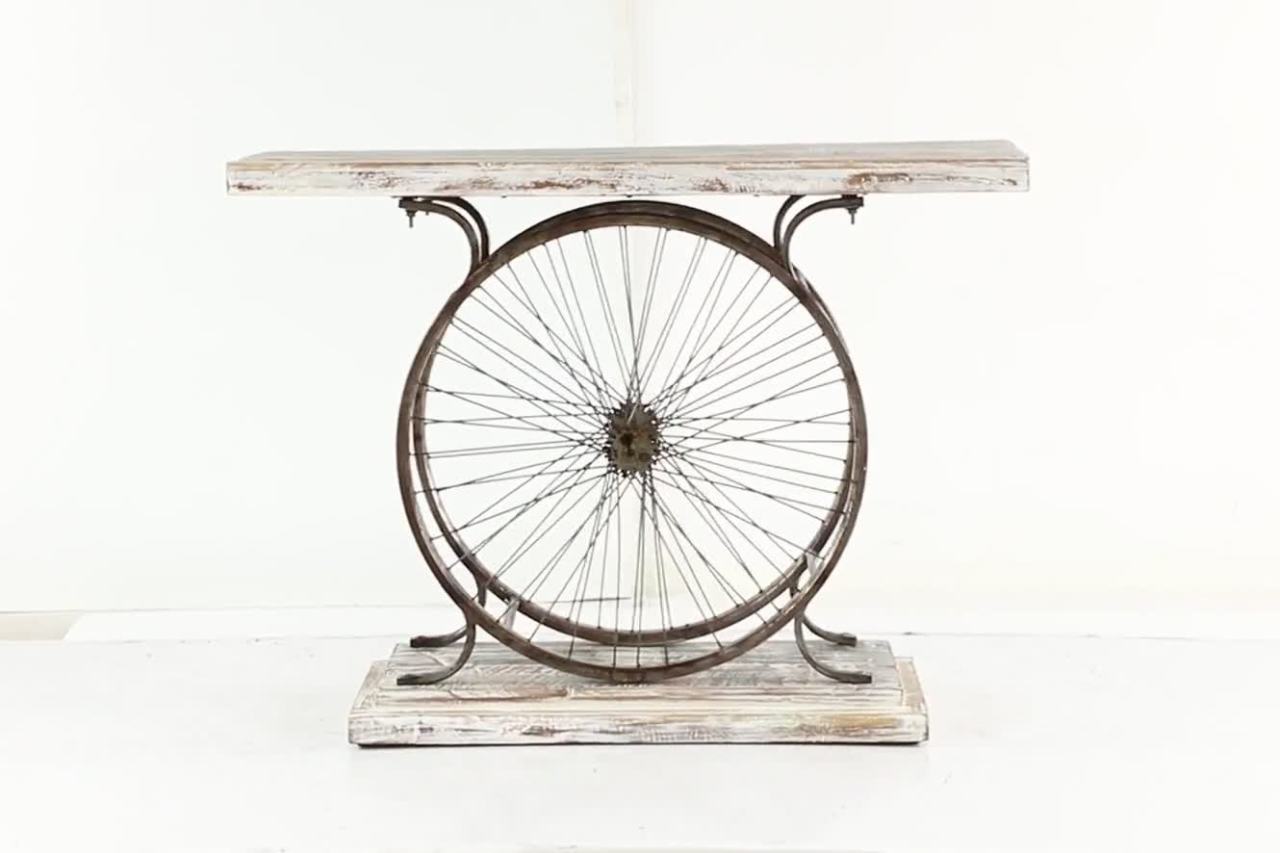 thumbnail video image 2 of DecMode 38" x 28" Blue Wood Wide Slatted Top Bike Console Table with Dual Wheel Frame and Tiered Base, 1-Piece, 2 of 8