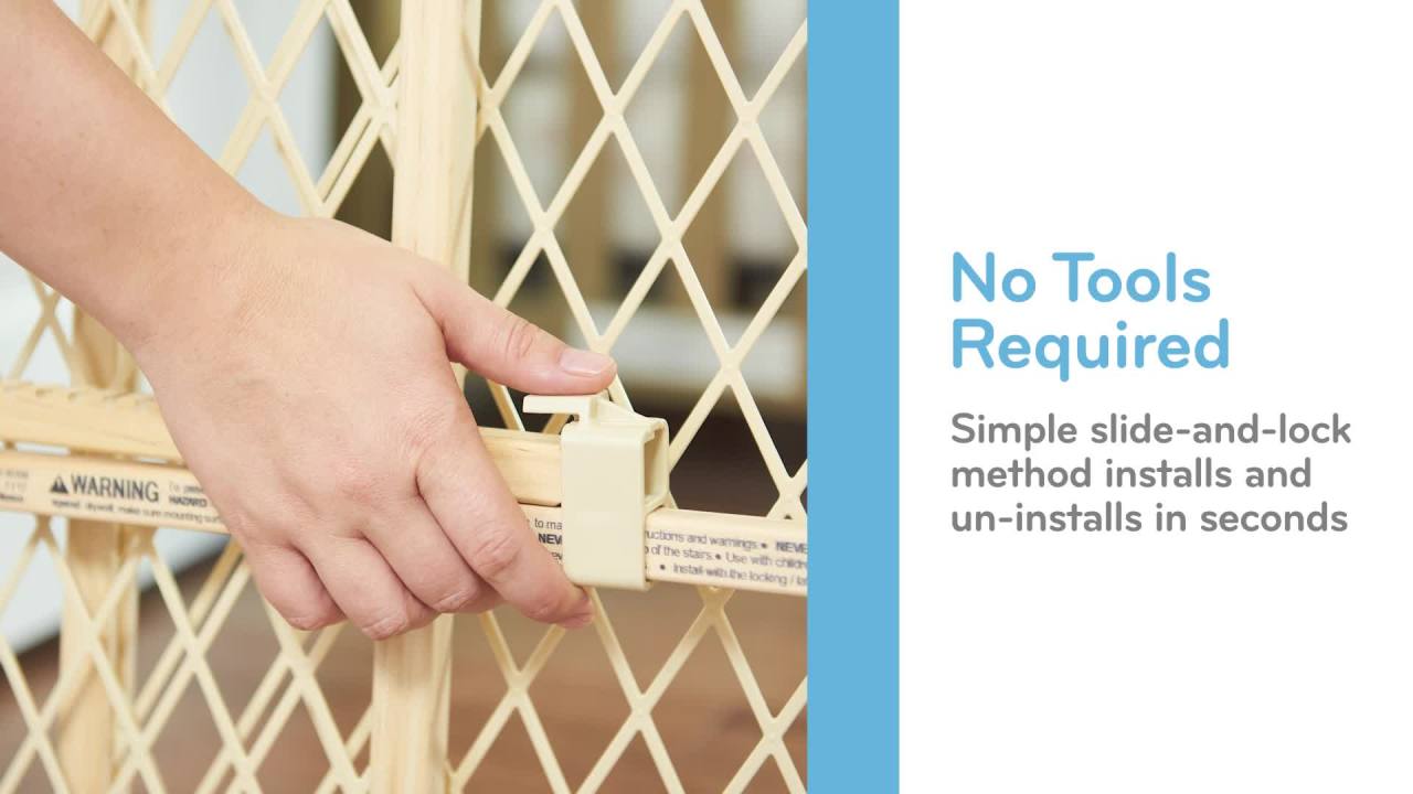 thumbnail video image 3 of Evenflo Position & Lock Adjustable Wood Baby Gate (Farmhouse Collection), Fits Openings 26 - 42 in. Wide, 3 of 12