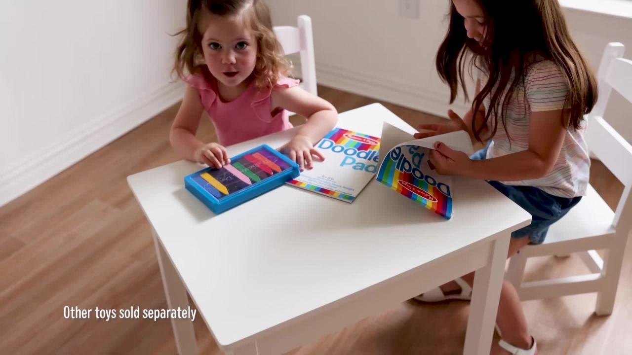 thumbnail video image 2 of Melissa & Doug Wooden Kids Table and 2 Chairs Set - White Furniture for Playroom, 2 of 6