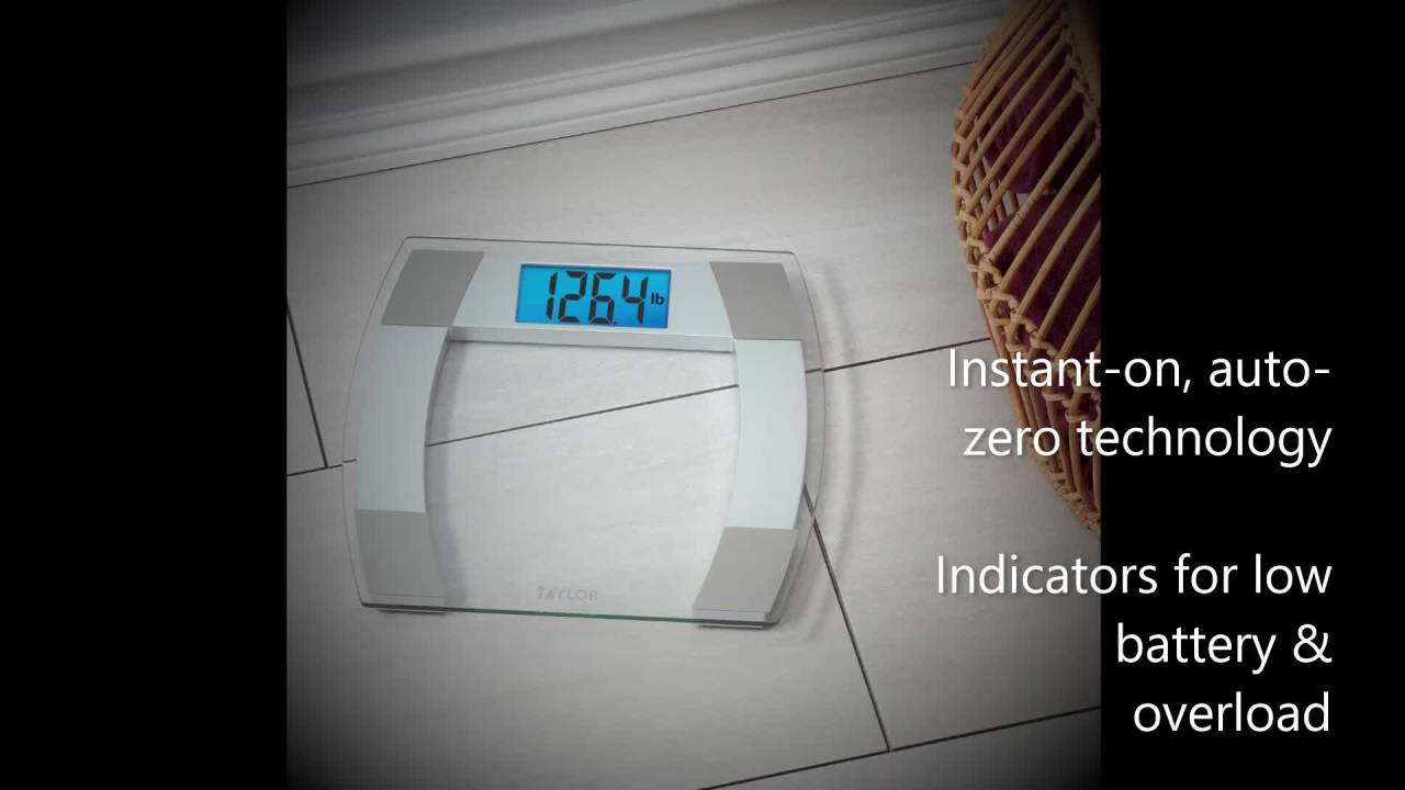 thumbnail video image 2 of Taylor Clear Glass Bathroom Scale with Curved Stainless Steel Accents, 2 of 8