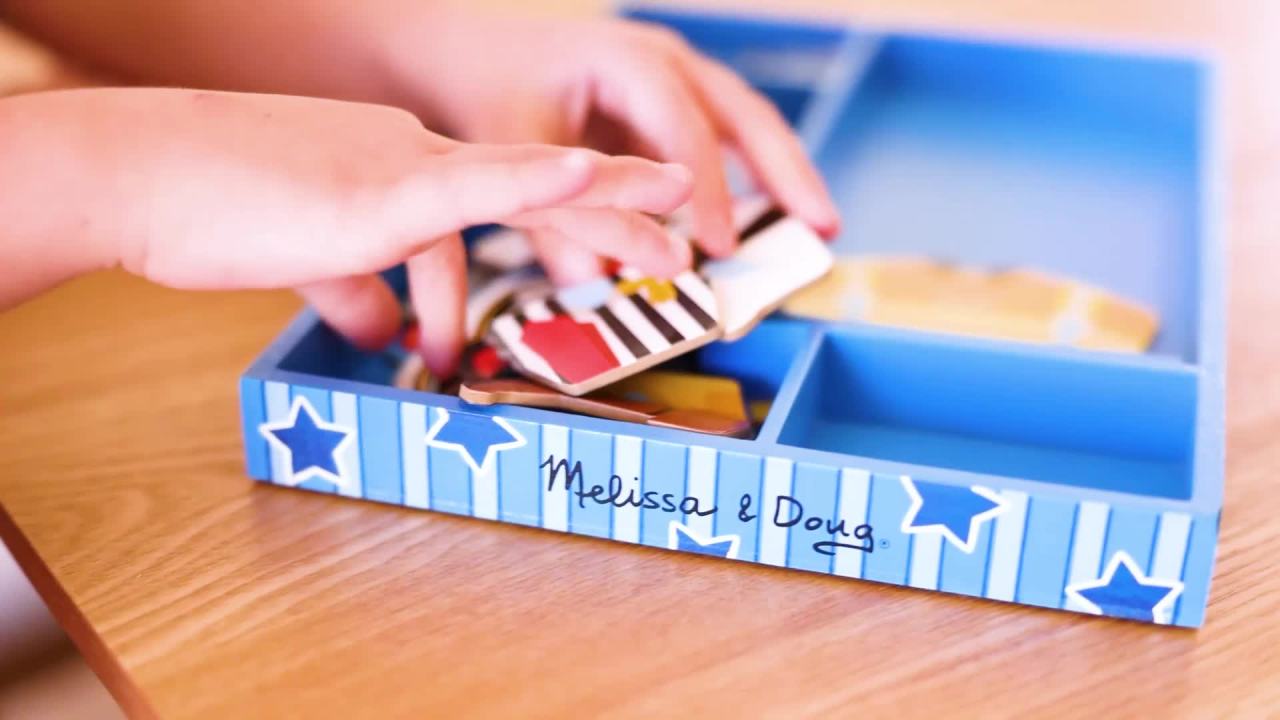 thumbnail video image 2 of Melissa & Doug Joey Magnetic Wooden Dress-Up Pretend Play Set (25+ pcs), 2 of 10