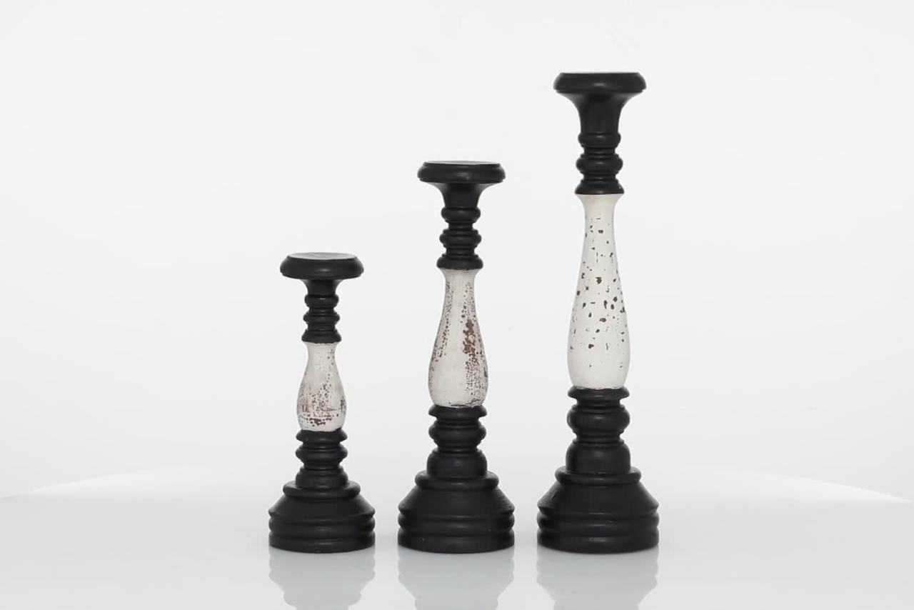 thumbnail video image 2 of DecMode Farmhouse Wood Pillar Candle Holder with Distressed White and Black Finish, Set of 3 5"W x 16"H, 2 of 10
