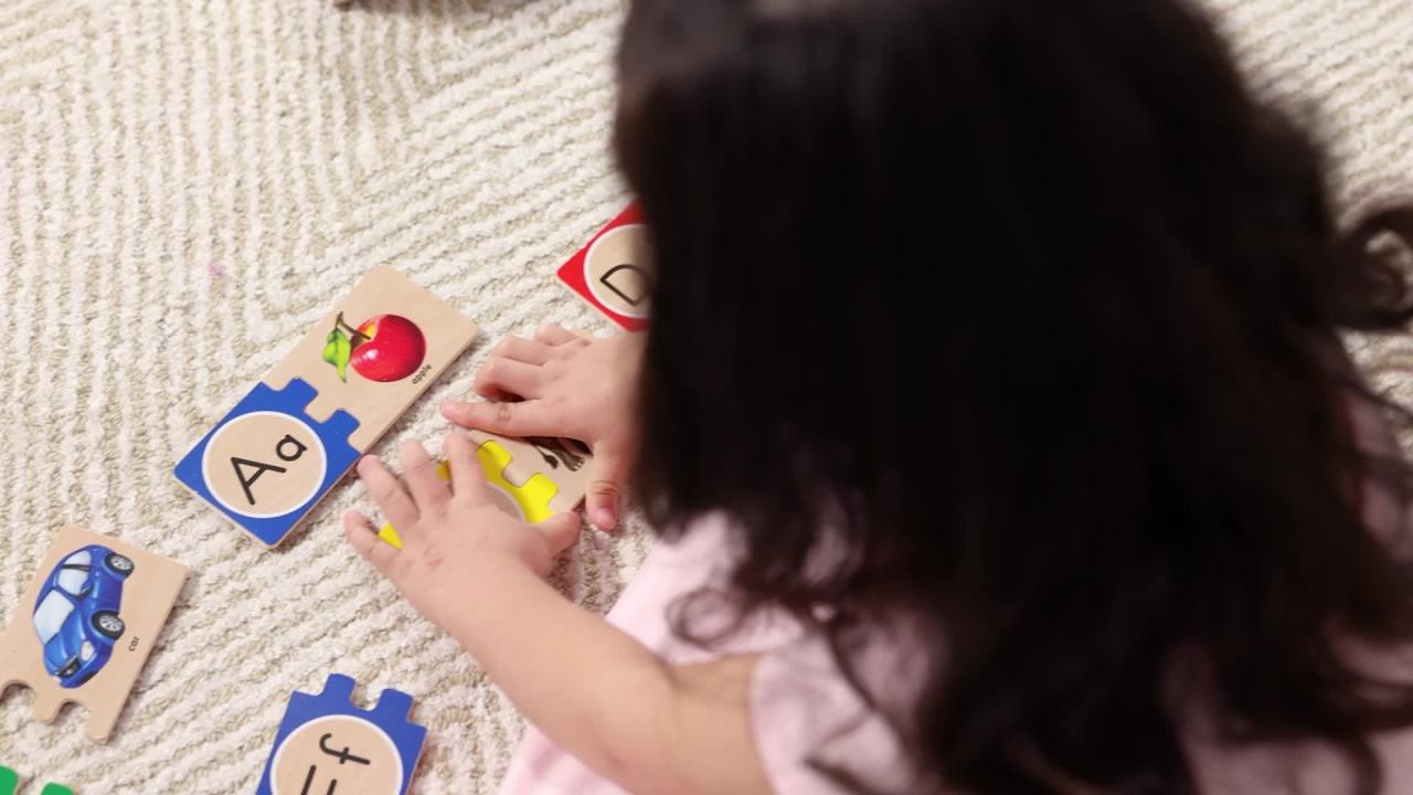 thumbnail video image 2 of Melissa & Doug Self-Correcting Alphabet Wooden Puzzles With Storage Box (52 pcs), 2 of 10