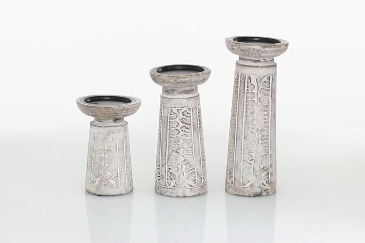 thumbnail video image 2 of DecMode 3 Candle White Wood Handmade Floral Intricate Carved Pillar Candle Holder, Set of 3, 2 of 9