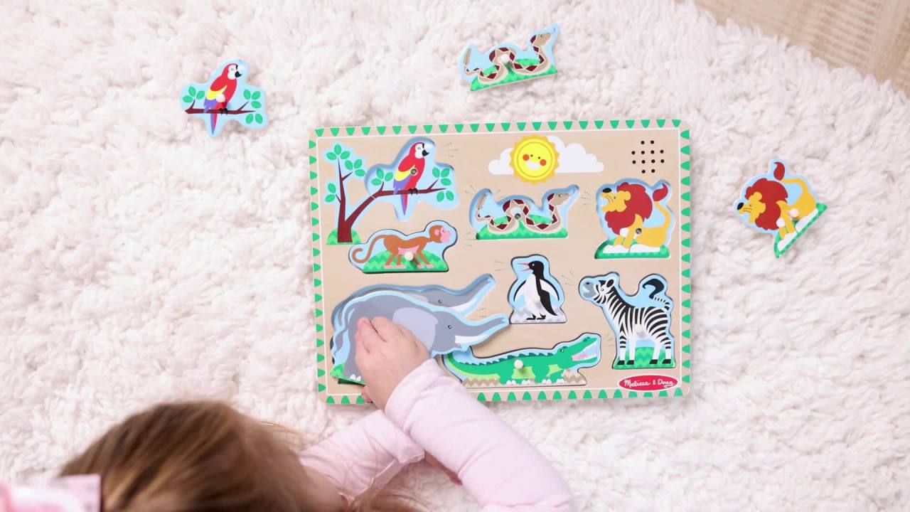 thumbnail video image 2 of Melissa & Doug Zoo Animals Sound Puzzle - Wooden Peg Puzzle With Sound Effects (8 pcs), 2 of 11