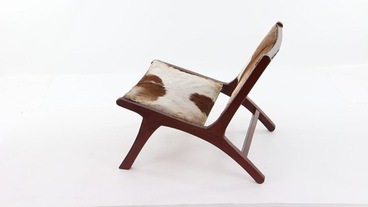 thumbnail video image 2 of DecMode Teak Wood Lounge Chair with Hair on Hide Seat and Back, Brown, Set of 2, 2 of 9