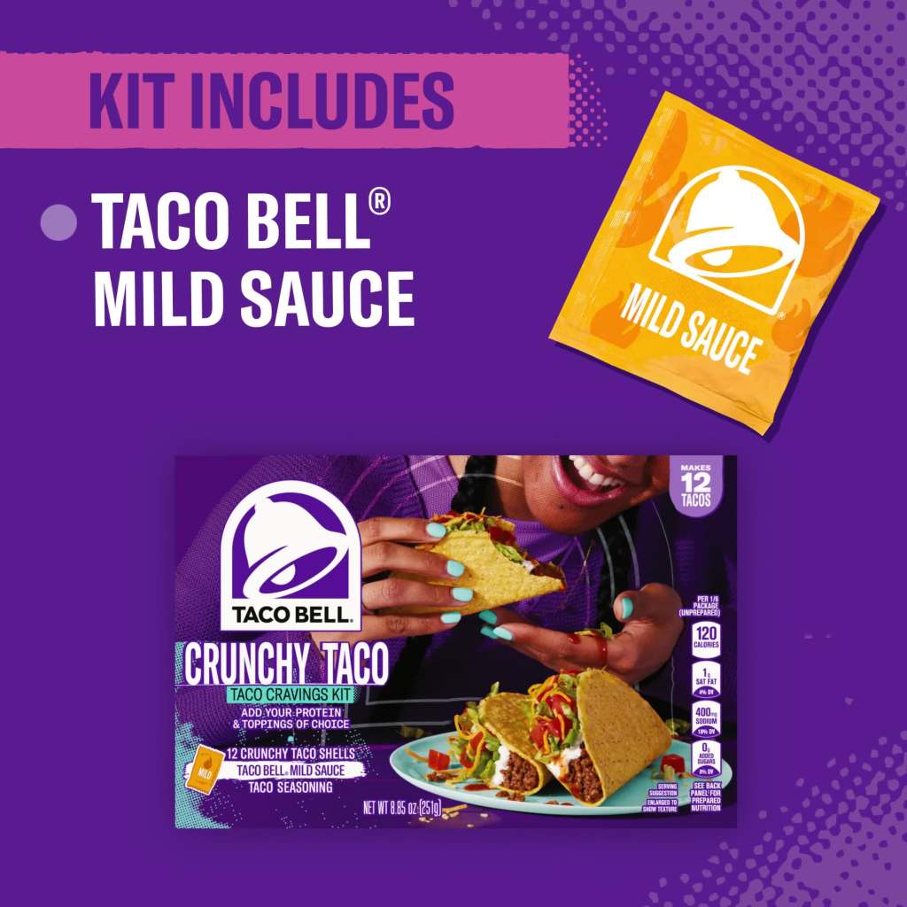 thumbnail video image 2 of Taco Bell Crunchy Taco Cravings Kit with 12 Crunchy Taco Shells, Taco Bell Mild Sauce & Seasoning, 8.85 oz Box, 2 of 15