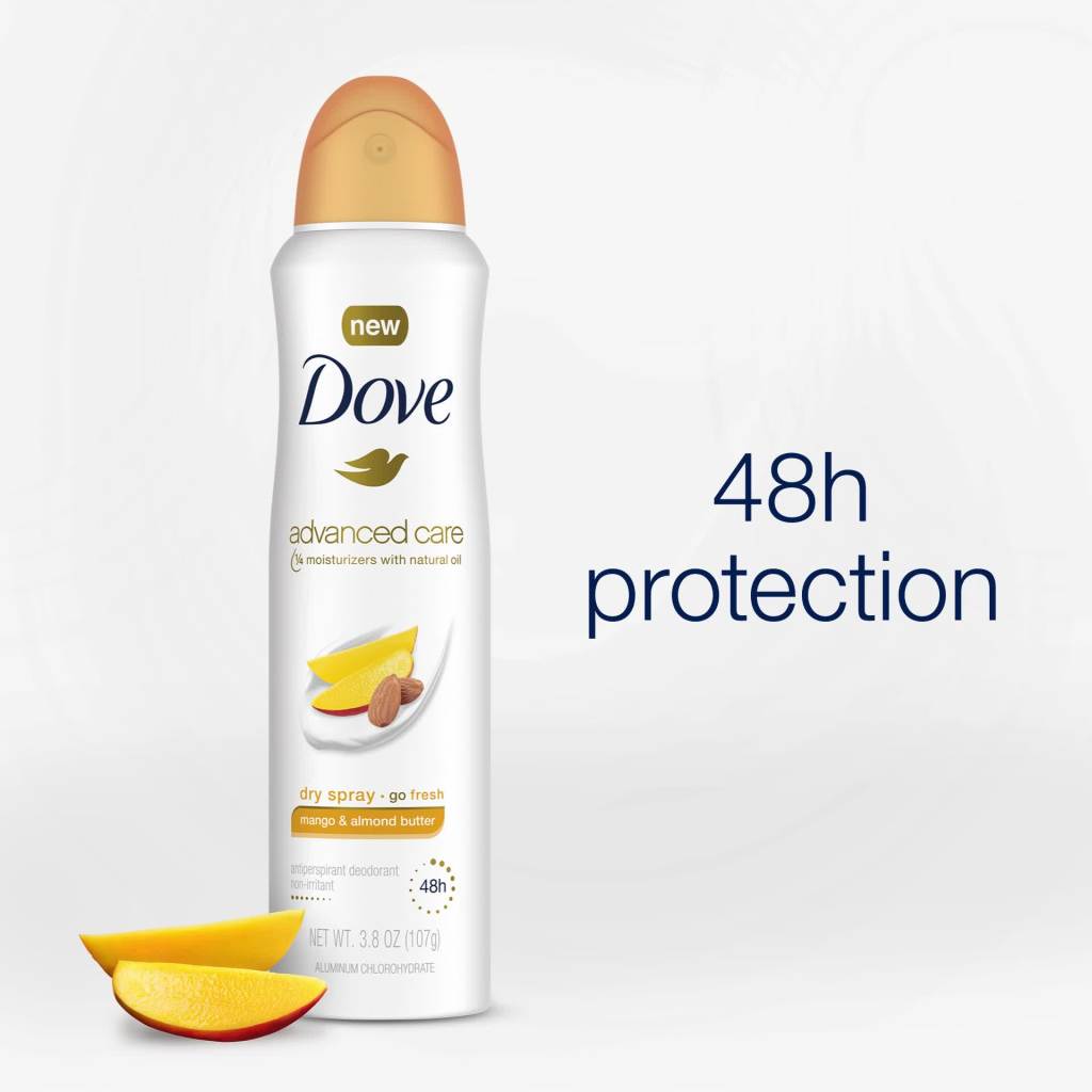 thumbnail video image 2 of Dove Advanced Care Women's Antiperspirant Deodorant Dry Spray, Mango and Almond Butter, 3.8 oz, 2 of 8