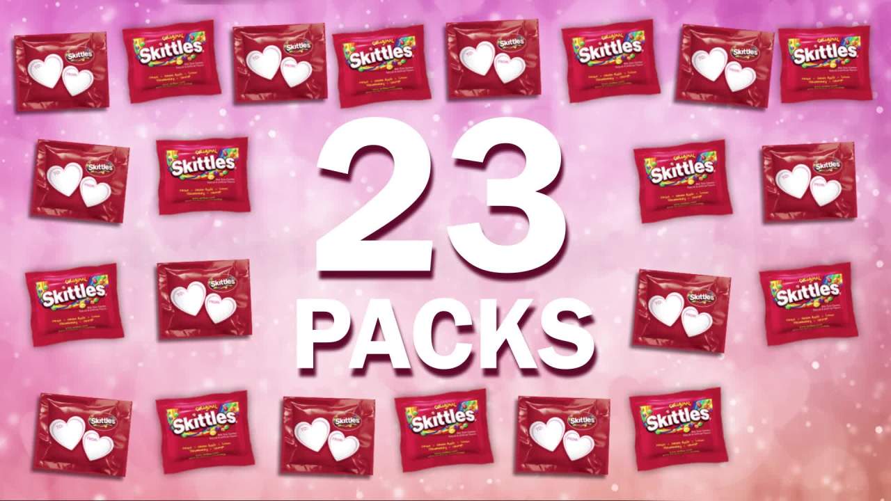 thumbnail video image 2 of Skittles Original Fun Size Valentine's Day Exchange Chewy Candy - 23 Ct Box, 2 of 13