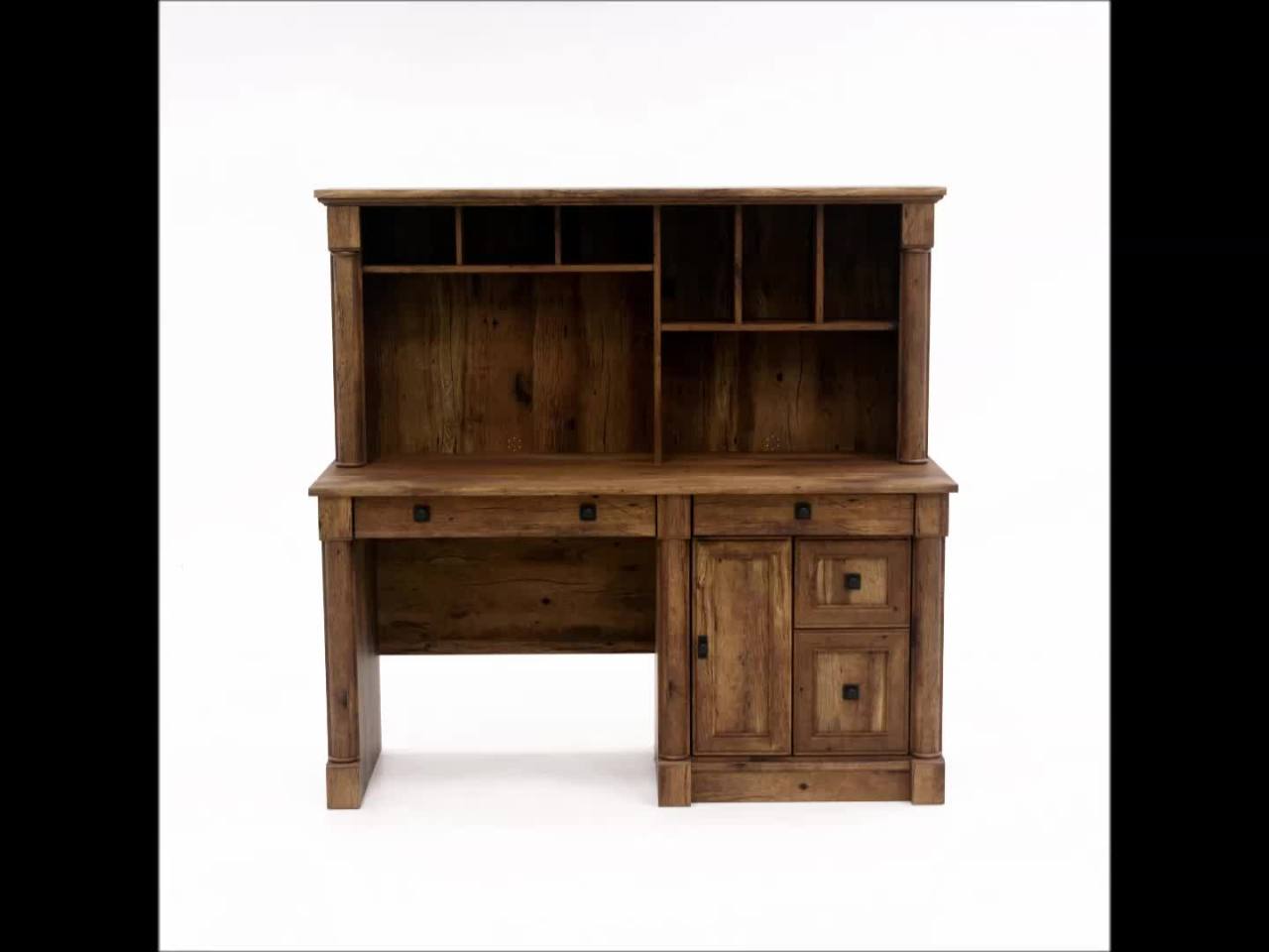 thumbnail video image 2 of Sauder Palladia Computer Desk With Hutch, Vintage Oak Finish, 2 of 13