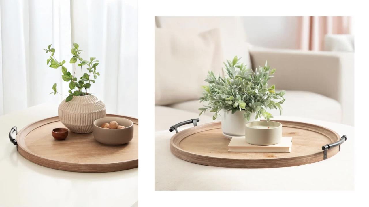 thumbnail video image 2 of Kate and Laurel Bruillet Farmhouse Wood Round Ottoman Tray, 24 x 22, Rustic Brown, Circle Coffee Table Tray for Living Room Decor or Large Serving Tray, 2 of 9