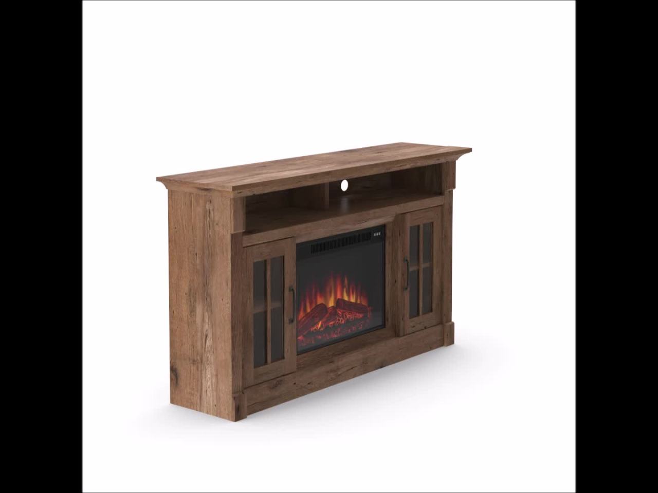 thumbnail video image 2 of Sauder Fireplace TV Stand with Glass Doors for TVs up to 65", Vintage Oak Finish, 2 of 14