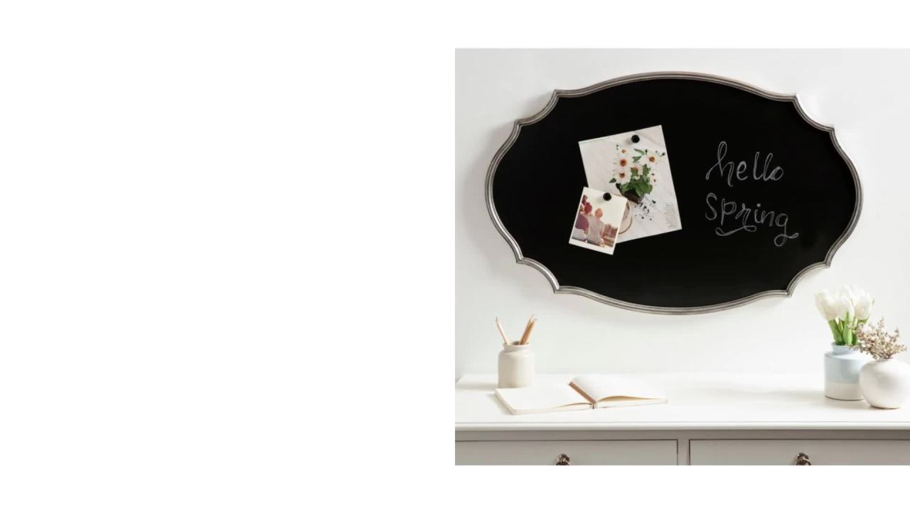 thumbnail video image 2 of Kate and Laurel Leanna Decorative Scalloped Metal Chalkboard, 24 x 36, Silver, Framed Rounded Oval Vintage Chalkboard for Unique Display, Organization, and Decor, 2 of 8