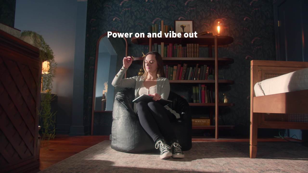 thumbnail video image 2 of Big Joe Milano w/ Vibe Vibrating Massage Bean Bag Chair for Kids, Teens, Adults, Caramel Montana, Vegan Leather, Lightweight Seat for Reading Nook and Gaming 2.5 foot Refillable, 2 of 10