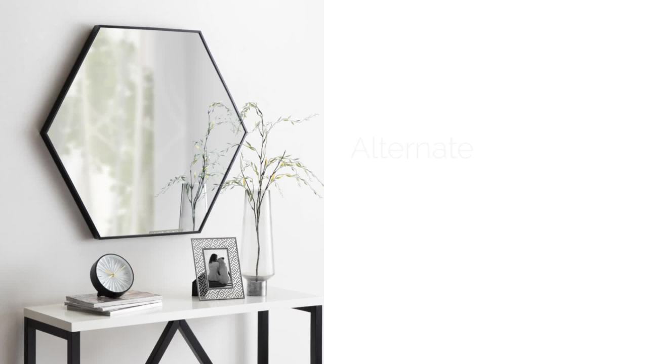 thumbnail video image 2 of Kate and Laurel Rhodes Modern Hexagon Wall Mirror, 22 x 31, Natural Teak, Chic Geometric Mirror for Wall, 2 of 8