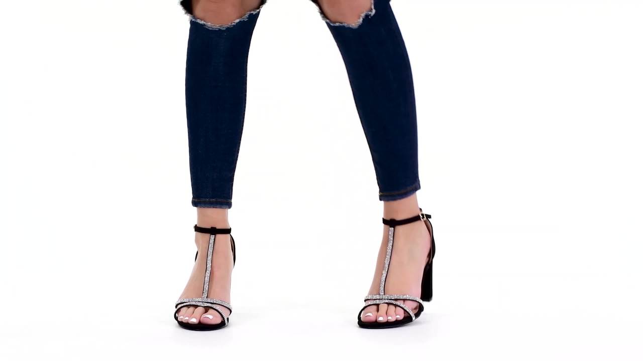 thumbnail video image 2 of Journee Womens Denali Rhinestone Detail Block Heel Sandals, 2 of 10