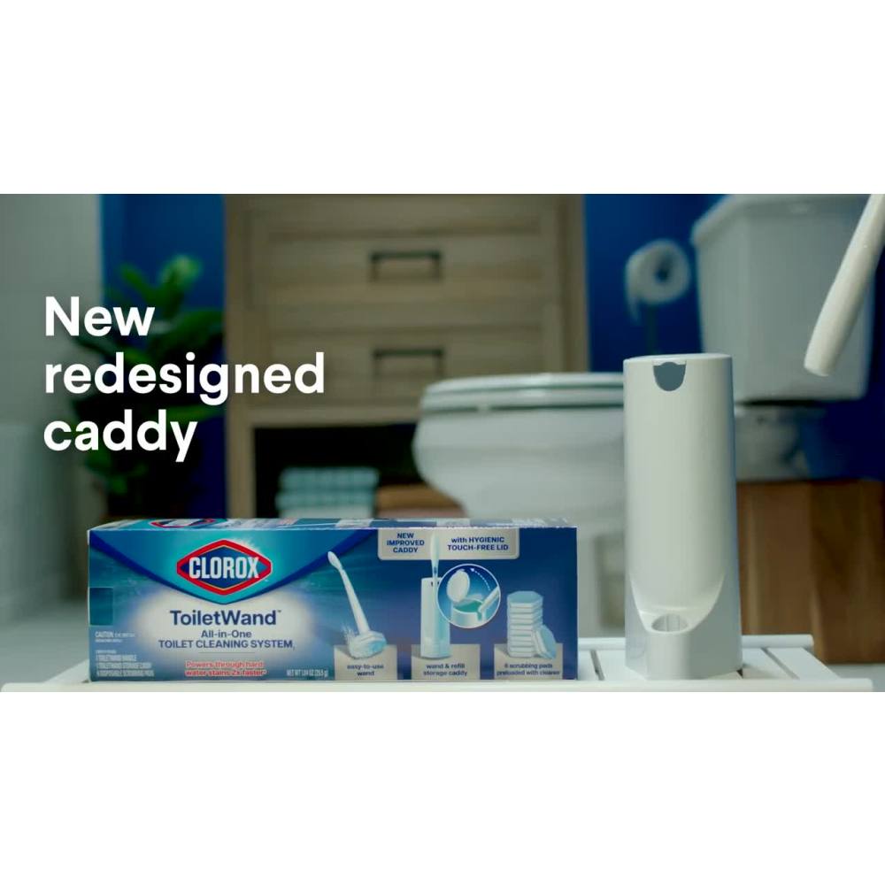 thumbnail video image 2 of (6 pack) Clorox ToiletWand All in One Toilet Cleaning System, ToiletWand, Storage Caddy and 6 Refills, 2 of 4