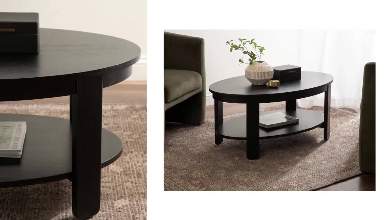 thumbnail video image 2 of Kate and Laurel Foxford Tiered Round Coffee Table, 34 x 34 x 17, Light Natural, Transitional Two-Tier Circle Living Room Table with Storage and Resilient Wood Construction, 2 of 11