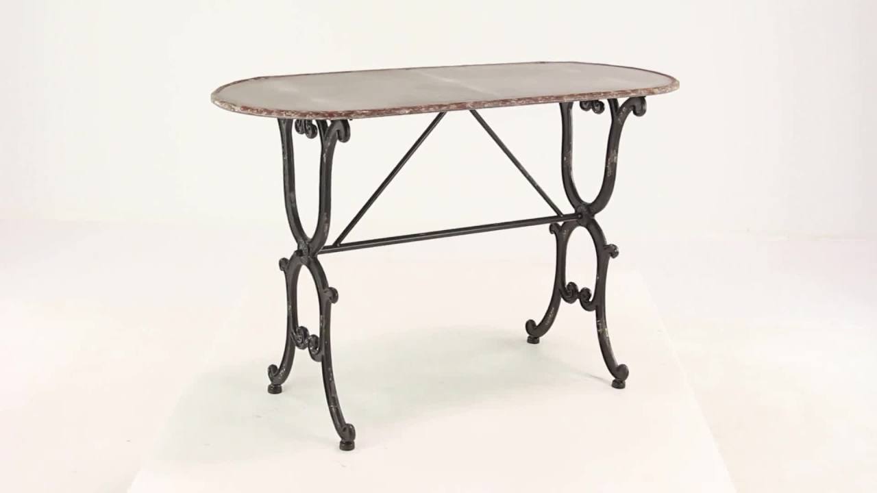 thumbnail video image 2 of DecMode 45" x 29" Gray Metal Oval Scroll Console Table with Distressed Accents, 1-Piece, 2 of 12