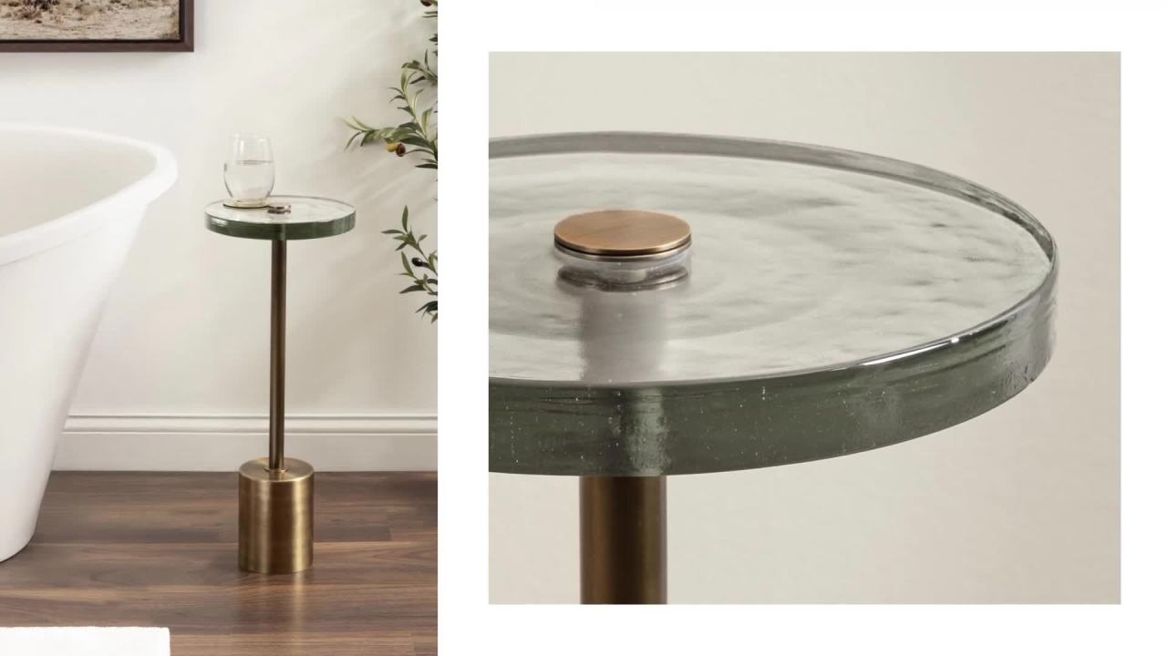 thumbnail video image 2 of Kate and Laurel Xyler Modern Round Metal and Glass Drink Table, 10 x 10 x 24, Gray Glass and Silver, Decorative Plant Pedestal Table for Use as Indoor Plant Stand or Small Bathtub Table, 2 of 9