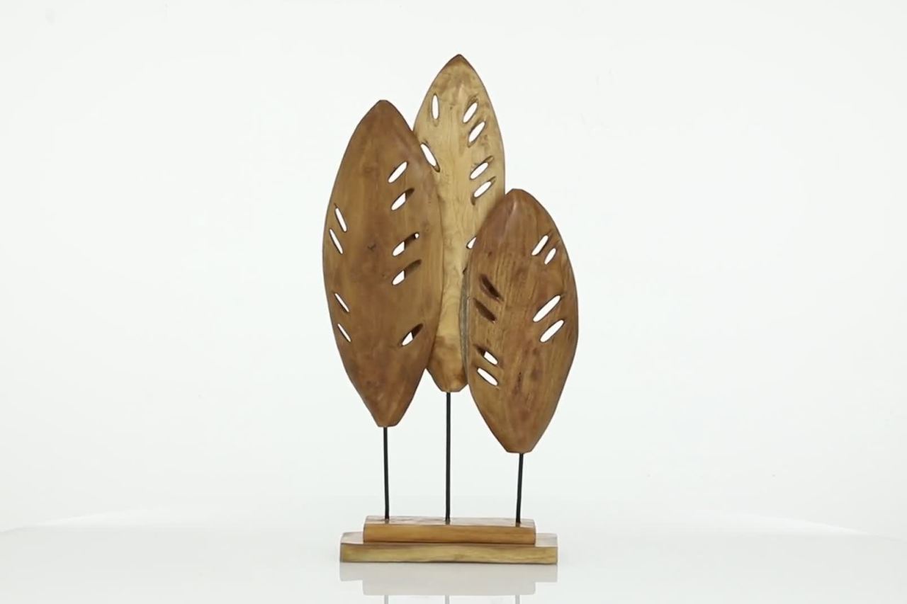 thumbnail video image 2 of 12" x 23" Brown Teak Wood Handmade Leaf Sculpture, by DecMode, 2 of 10