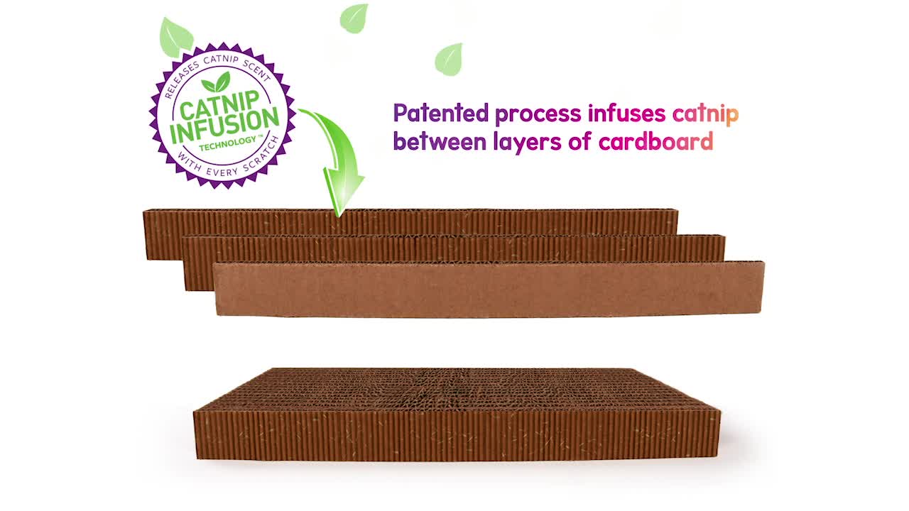 thumbnail video image 2 of (3 pack) SmartyKat Super Scratcher Chaise, Catnip-Infused Corrugate Cat Scratcher & Lounge, Brown and Purple, Cat Face Print, 18" L x 14" W x 3.87" T, 2 of 10