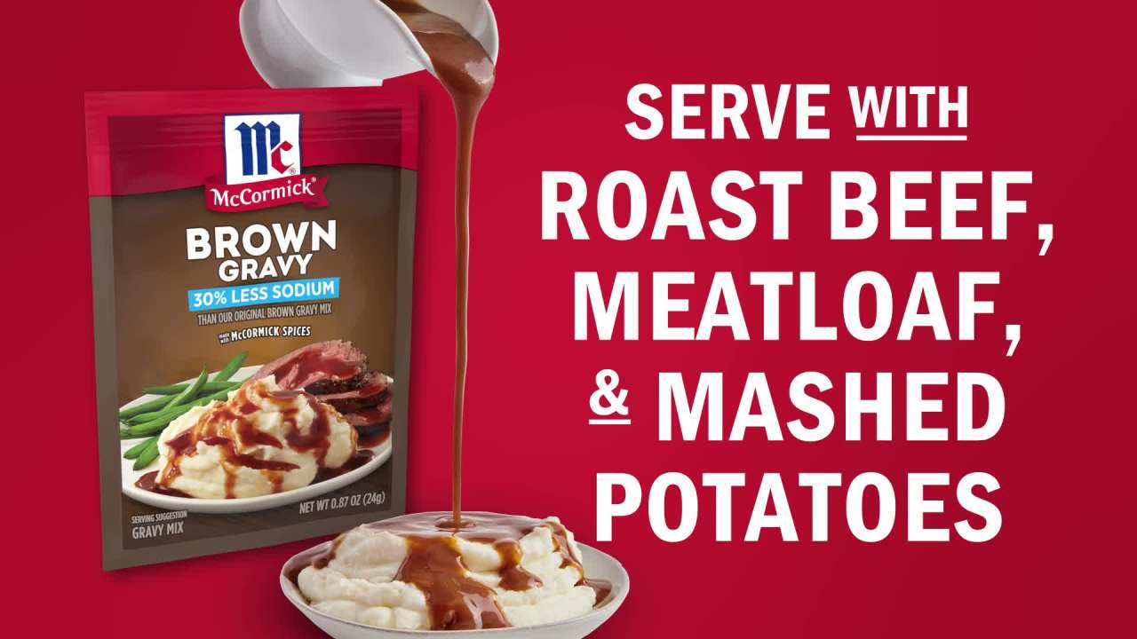 thumbnail video image 2 of McCormick No Artificial Flavors 30% Less Sodium Brown Gravy Seasoning Mix, 0.87 oz Packet, 2 of 25