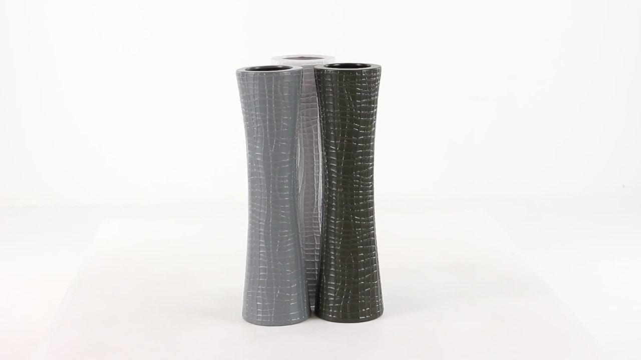 thumbnail video image 2 of Decmode Set of 3 contemporary 23 inch embossed hourglass-shaped ceramic vases, Black, Gray, White, 2 of 9