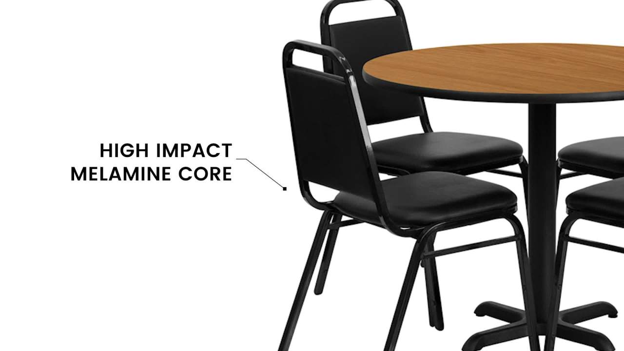 thumbnail video image 2 of Flash Furniture 36'' Round Natural Laminate Table Set with X-Base and 4 Black Trapezoidal Back Banquet Chairs, 2 of 4