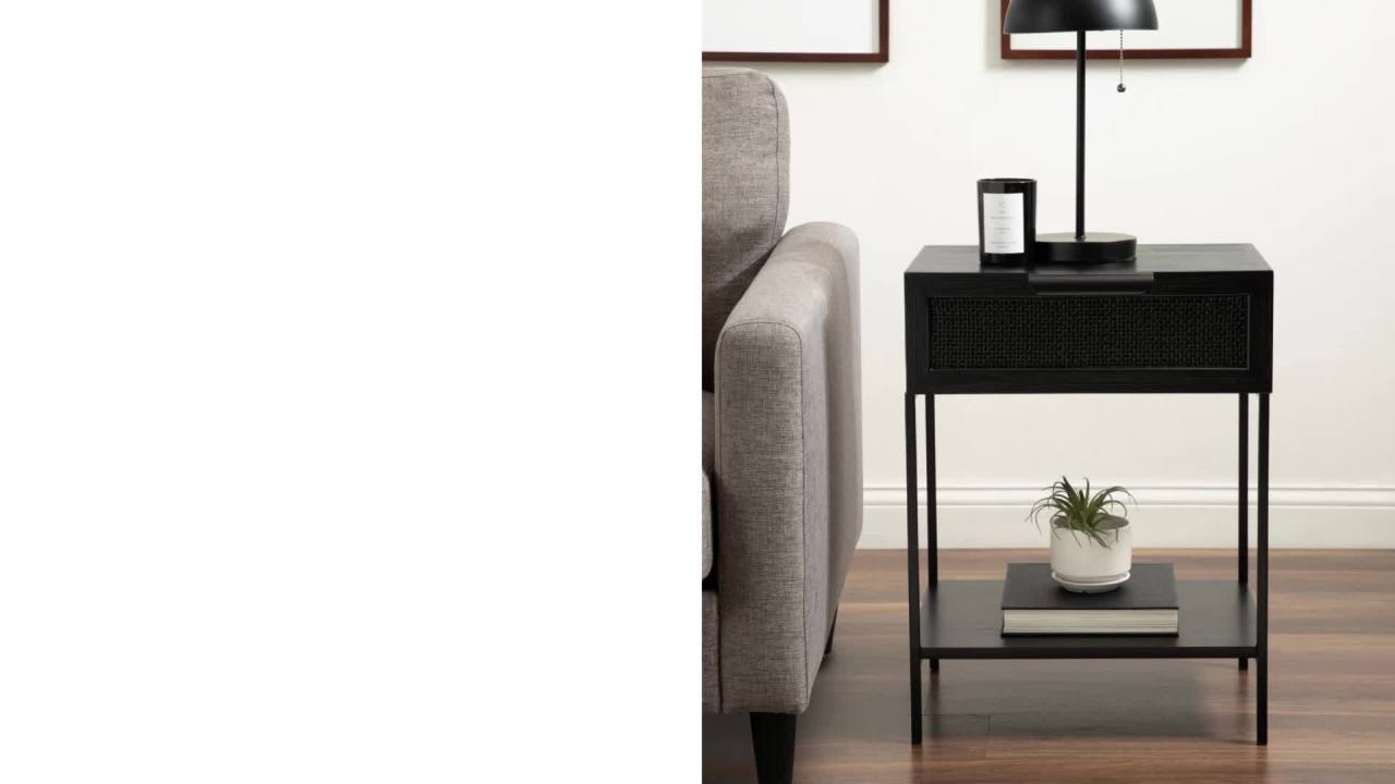 thumbnail video image 2 of Kate and Laurel Ori Modern Cane Rectangle Side Table, 18 x 15 x 24, Black, Versatile Rattan Living Room End Table with Drawer for Storage and Home Decor, 2 of 9