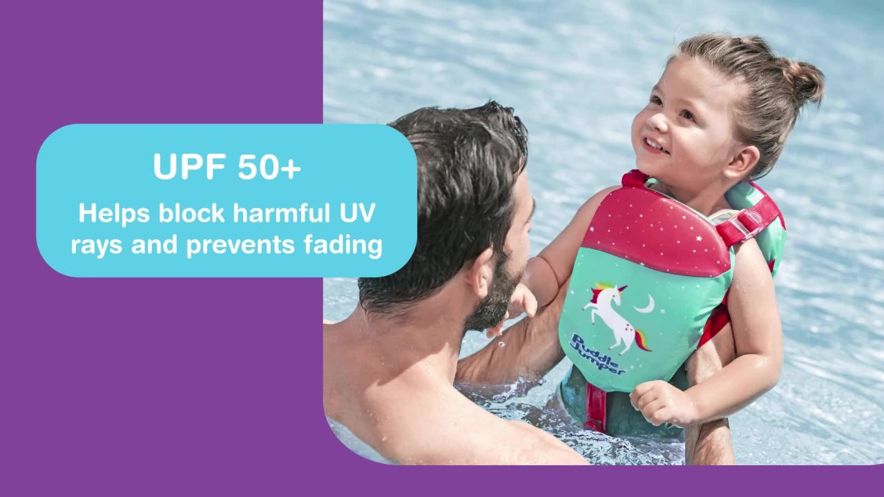 thumbnail video image 2 of Puddle Jumper AquaStar Fabric Toddler Swim Aid, Unicorn, Up to 40 lbs Weight Capacity, 2 of 14